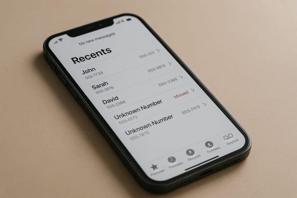 Smartphone showing recent call list on screen