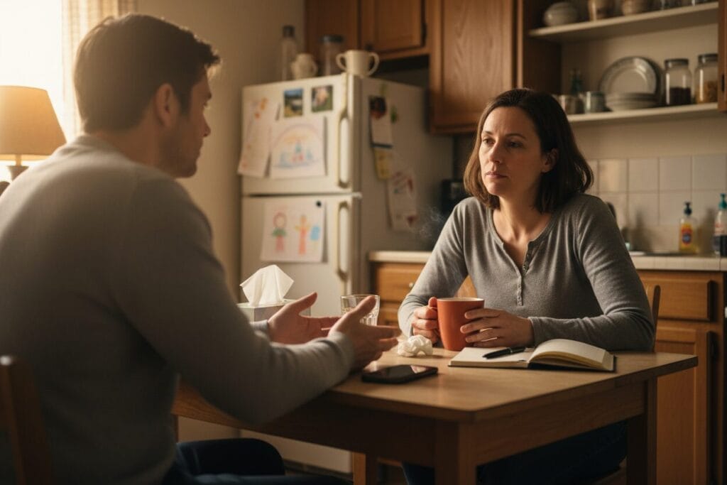 Worried parents talking in kitchen with coffee mugs