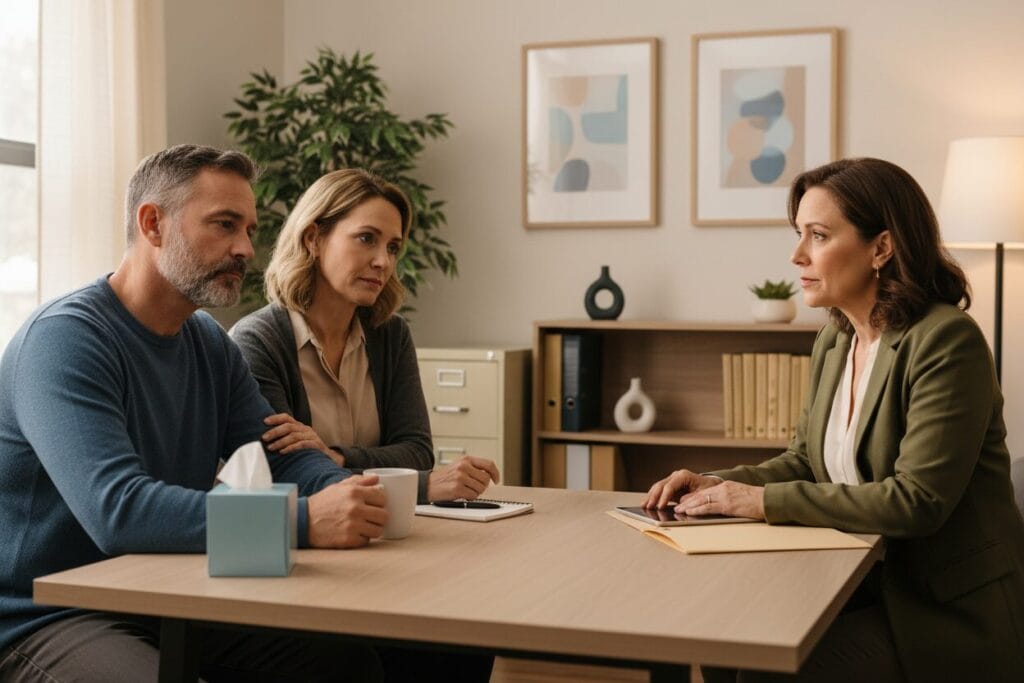 parents at treatment center admissions Couple talking with residential treatment center in office
