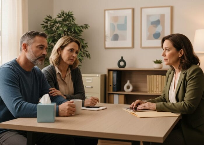 Couple talking with residential treatment center in office