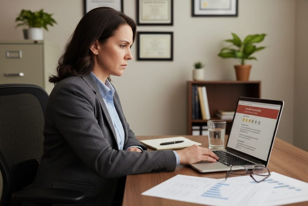 residential treatment center administrator reading negative reviews