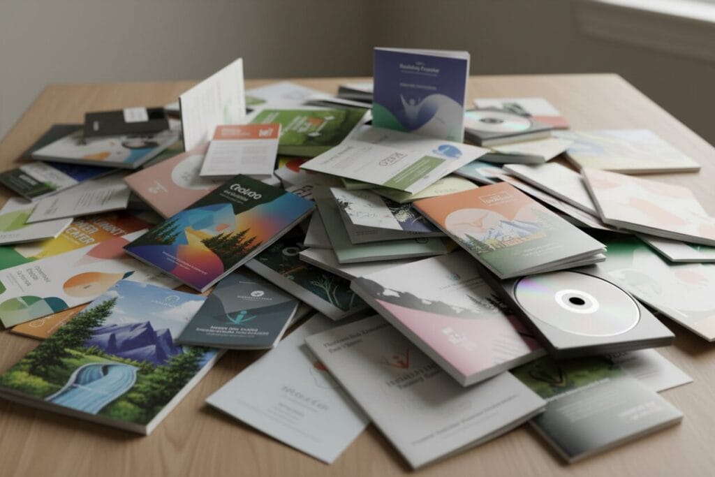 Colorful residential treatment center brochures and CDs scattered on wooden table