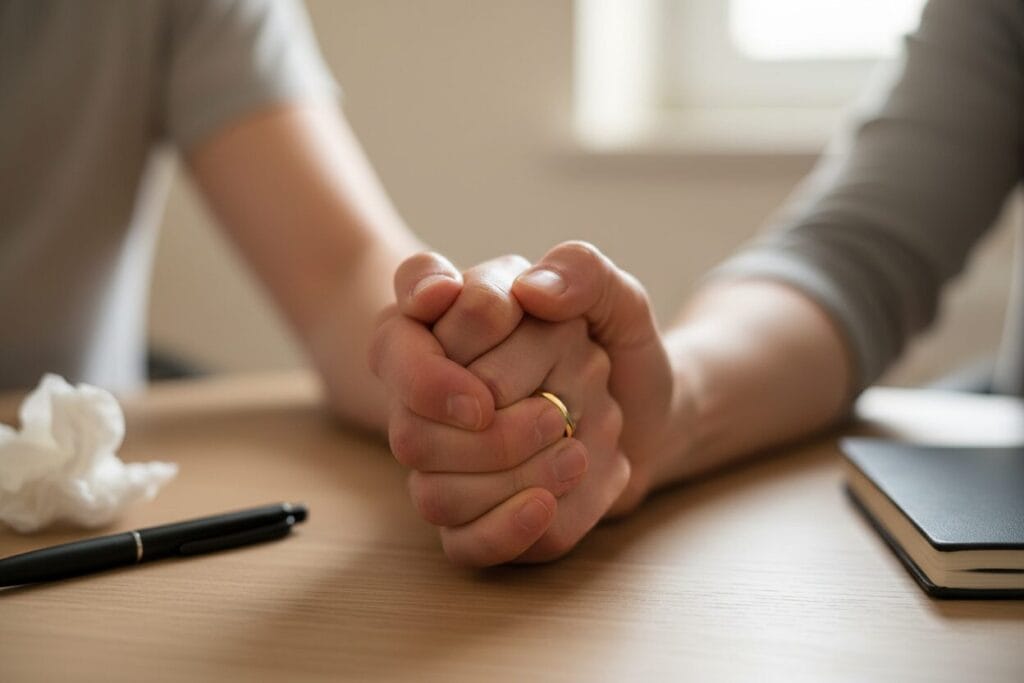 Worried parents holding hands in support